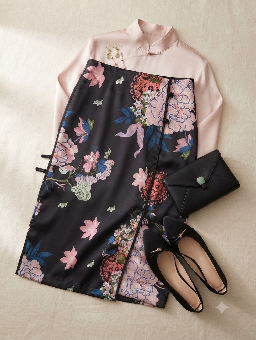 Zara Asian-inspired Floral Satin Midi Skirt